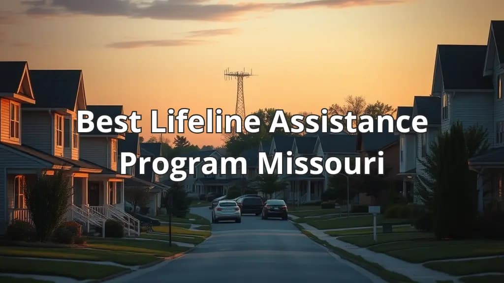 Residential neighborhood at sunset with houses, cars, and a telecommunications tower in the background, along with the text "Best Lifeline Assistance Program Missouri".