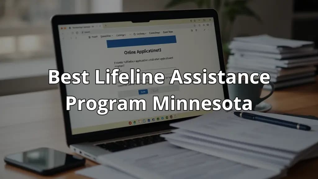 Digital application process for the Lifeline program in Minnesota, as showcased on a laptop screen among a desk setup with office materials.