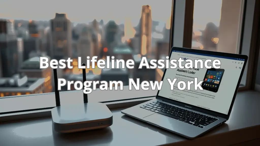 A laptop displaying information about the Lifeline Assistance Program in New York, set against the backdrop of a cityscape visible through a window.