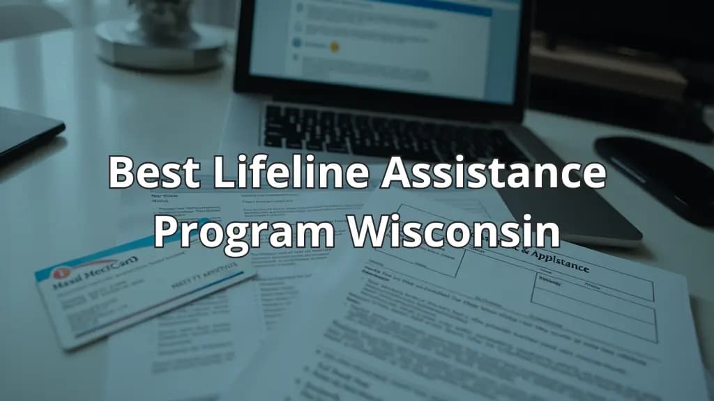 Desktop with a laptop, documents, and the text "Best Lifeline Assistance Program Wisconsin" overlaid.