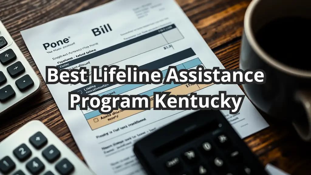 Administrative document titled "Pone Bill" alongside a mobile device and financial tools, emphasizing the "Best Lifeline Assistance Program Kentucky".